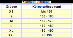 Schienbeinschoner Grö:ssentabelle