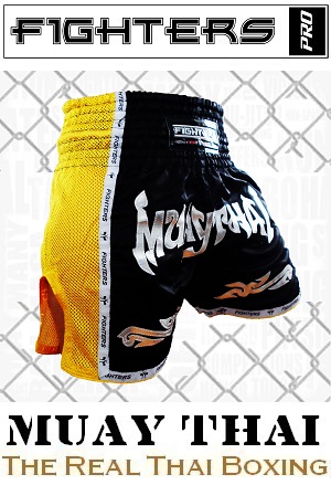 FIGHTERS - Shorts de boxe thai / Elite Muay Thai / Noir-Jaune / XXL
